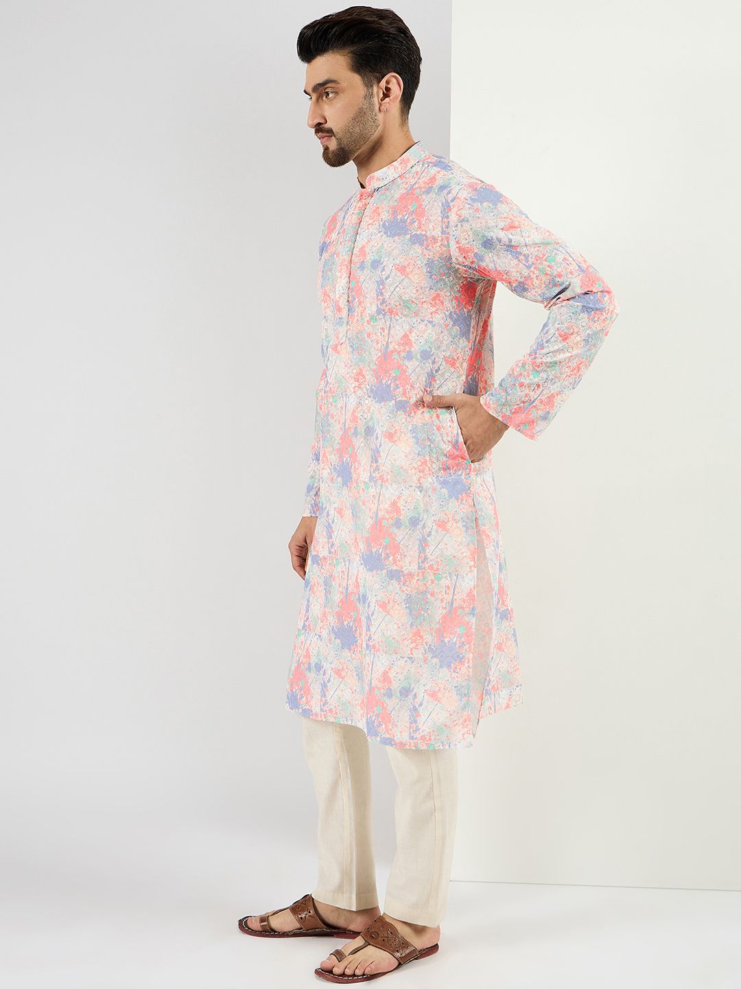 Men Off White Viscose Rayon Abstract Embroidered Straight Kurta With Pant Set-MKSET1082