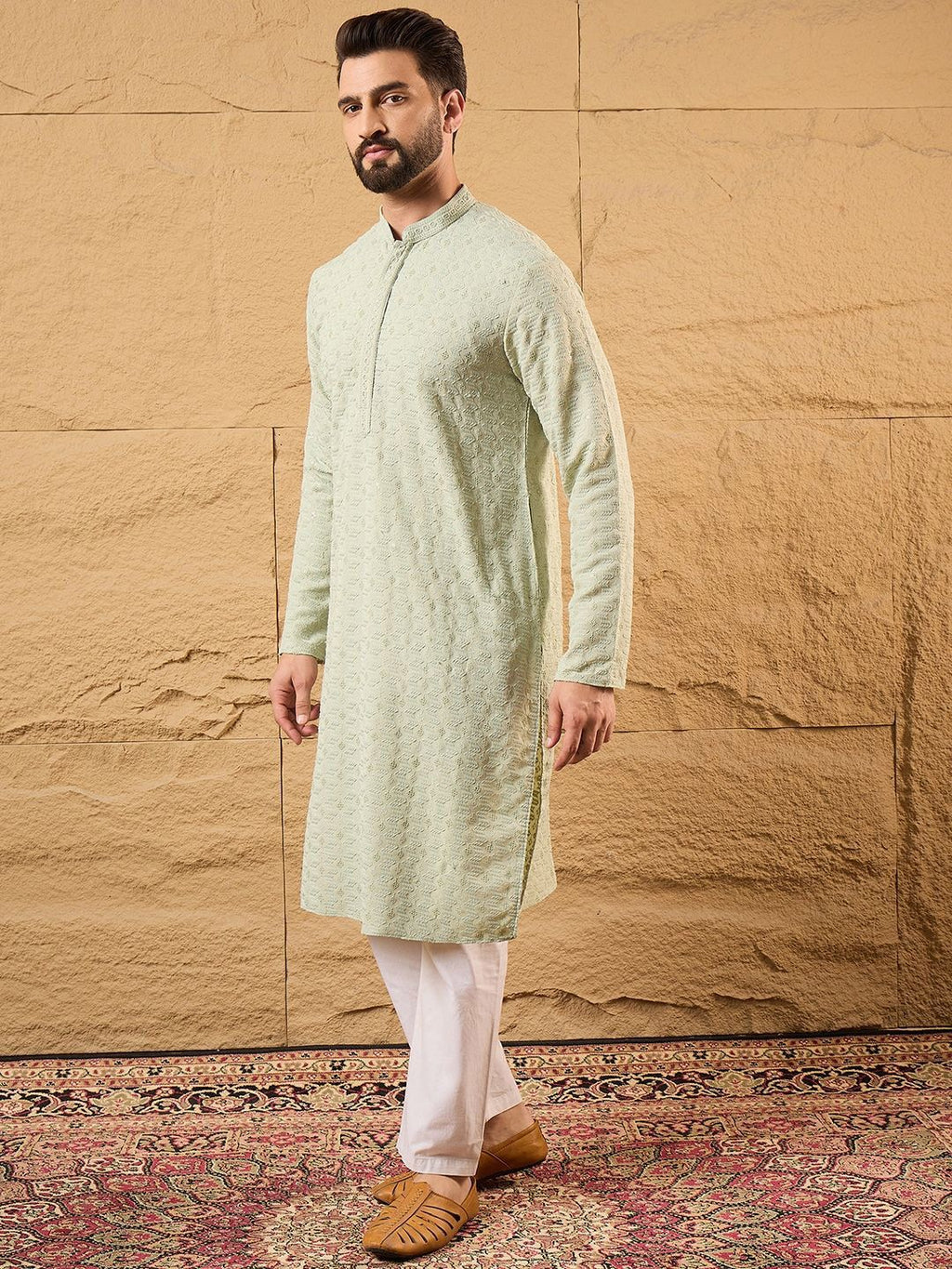 Men Green Rayon Blend Solid Embroidered Straight Kurta With Pant Set-MKSET1231