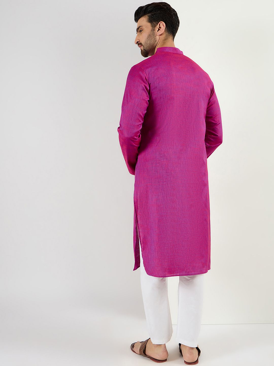 Men Pink Cotton Solid Woven Design Straight Kurta With Pant Set-MKSET1100