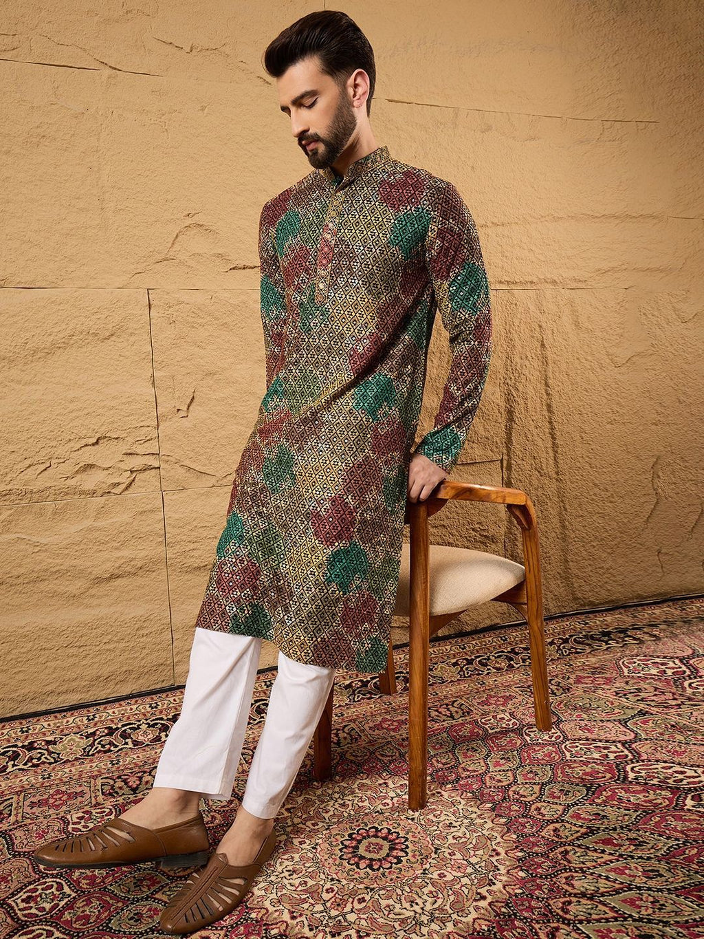 Mens Multi Viscose Rayon Geometric Embroidered Chikankari Straight Kurta With Pant Set-MKSET1180