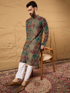 Mens Multi Viscose Rayon Geometric Embroidered Chikankari Straight Kurta With Pant Set-MKSET1180