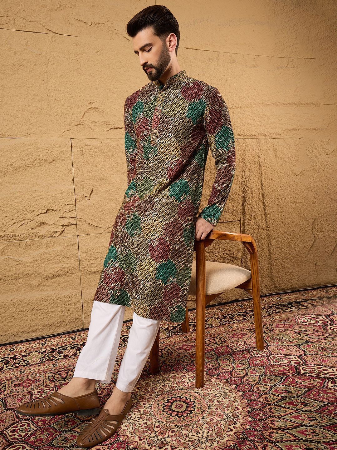 Mens Multi Viscose Rayon Geometric Embroidered Chikankari Straight Kurta With Pant Set-MKSET1180
