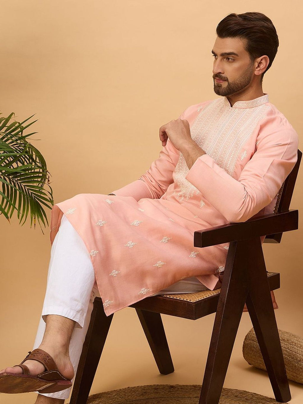 Men Peach Silk Blend Solid Embroidered Straight Kurta With Pant Set-MKSET1510