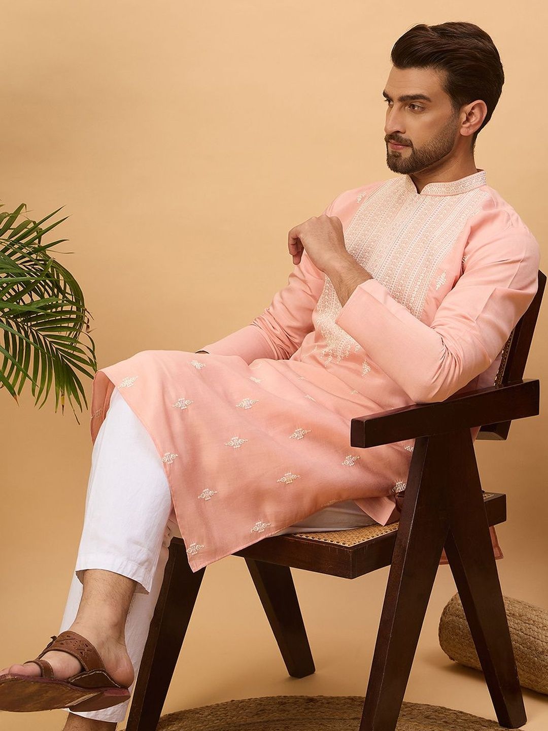 Men Peach Silk Blend Solid Embroidered Straight Kurta With Pant Set-MKSET1510