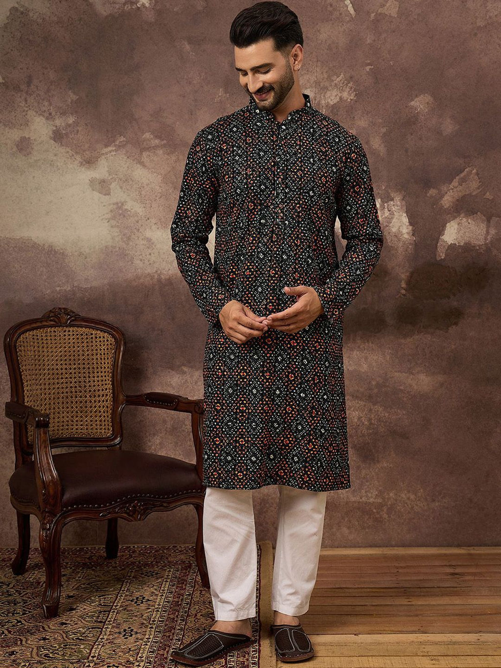Men Black Viscose Rayon Bandhani Embroidered Straight Kurta With Pant Set-MKSET1402
