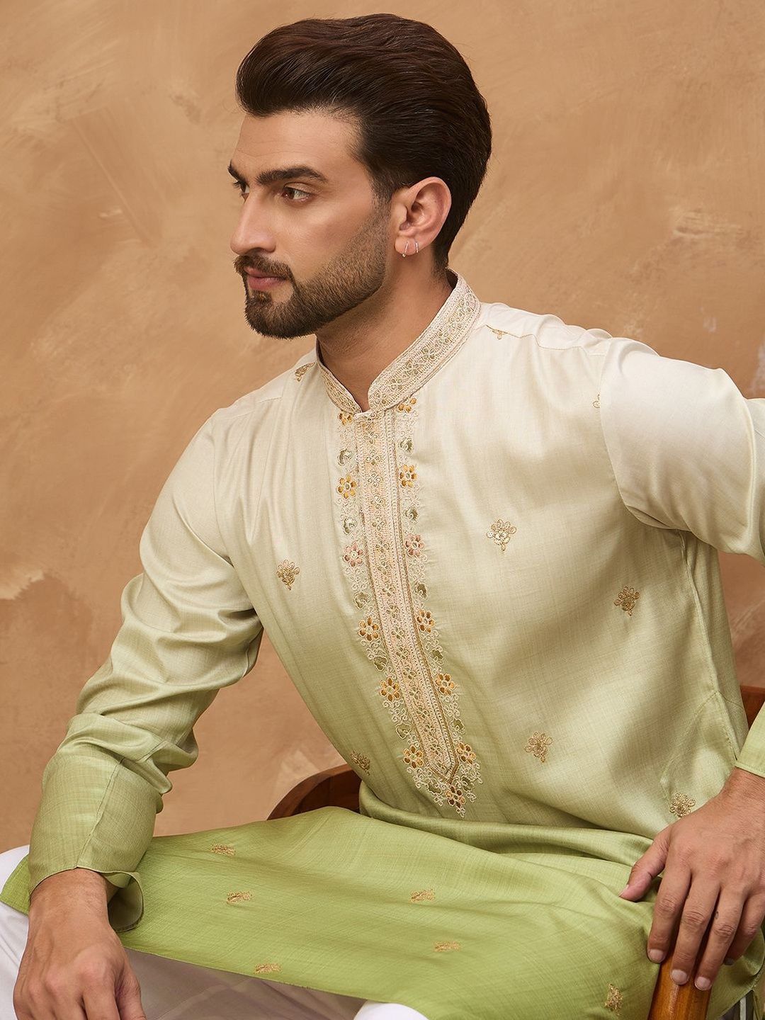 Men Green Silk Blend Solid Embroidered Straight Kurta With Pant Set-MKSET1488