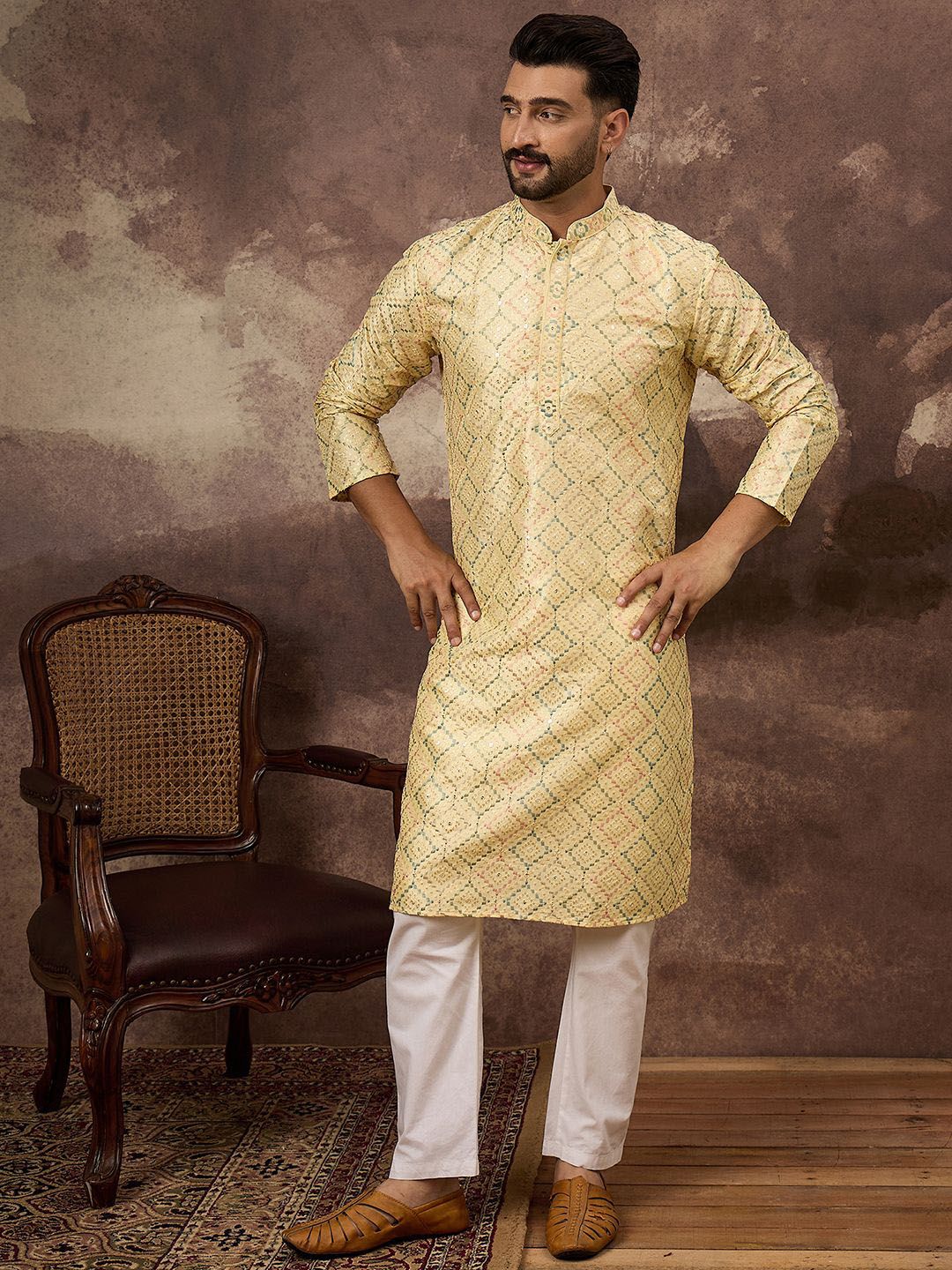 Men Yellow Silk Blend Solid Embroidered Straight Kurta With Pant Set-MKSET1383