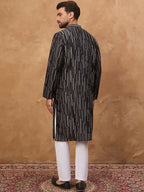 Men Black Silk Blend Geometric Printed Straight Kurta With Pant Set-MKSET1516