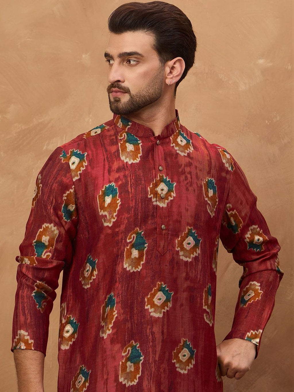 Men Red Viscose Rayon Ethnic Motifs Printed Straight Kurta With Pant Set-MKSET1544