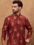 Men Red Viscose Rayon Ethnic Motifs Printed Straight Kurta With Pant Set-MKSET1544