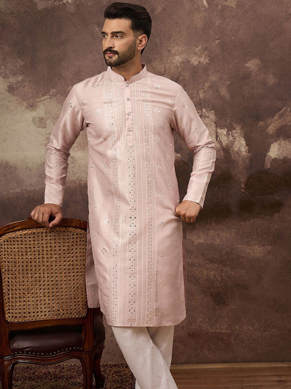 Men Pink Silk Blend Solid Embroidered Straight Kurta With Pant Set-MKSET1362
