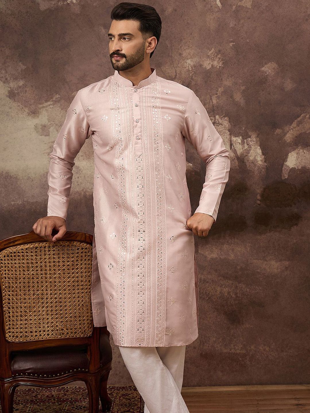 Men Pink Silk Blend Solid Embroidered Straight Kurta With Pant Set-MKSET1362