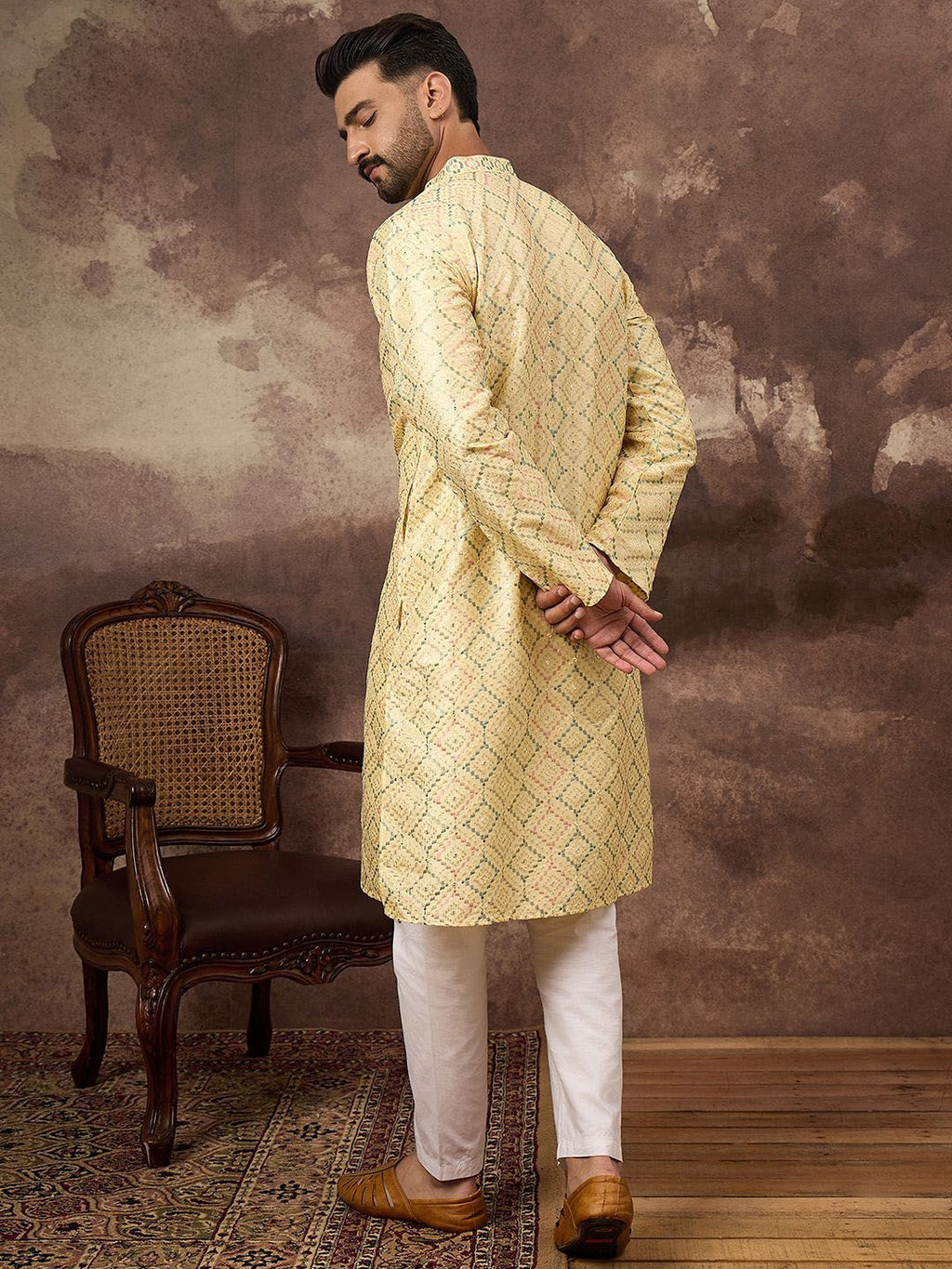 Men Yellow Silk Blend Solid Embroidered Straight Kurta With Pant Set-MKSET1383