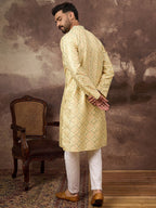 Men Yellow Silk Blend Solid Embroidered Straight Kurta With Pant Set-MKSET1383