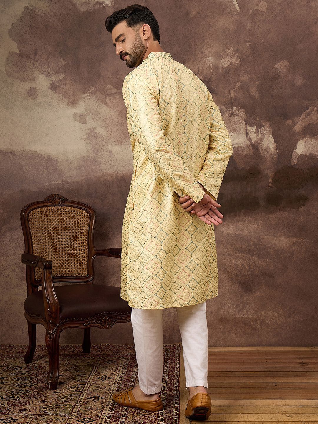 Men Yellow Silk Blend Solid Embroidered Straight Kurta With Pant Set-MKSET1383