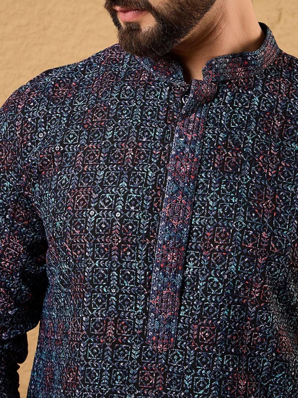 Mens Blue Viscose Rayon Abstract Embroidered Chikankari Straight Kurta With Pant Set-MKSET1172