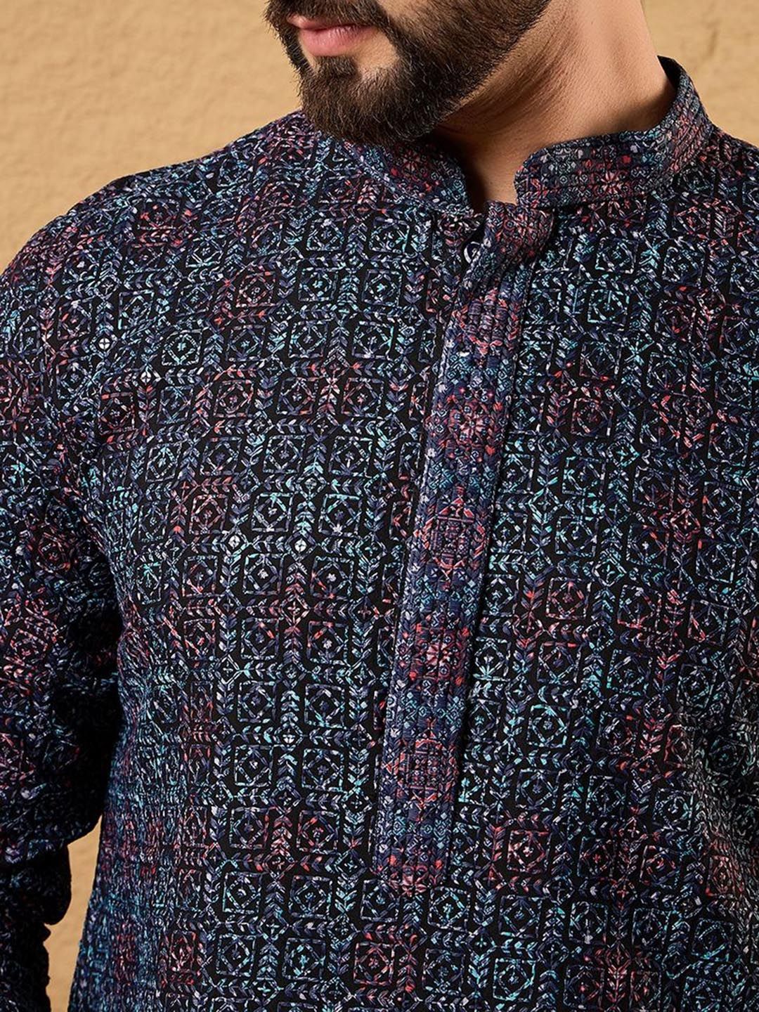 Mens Blue Viscose Rayon Abstract Embroidered Chikankari Straight Kurta With Pant Set-MKSET1172