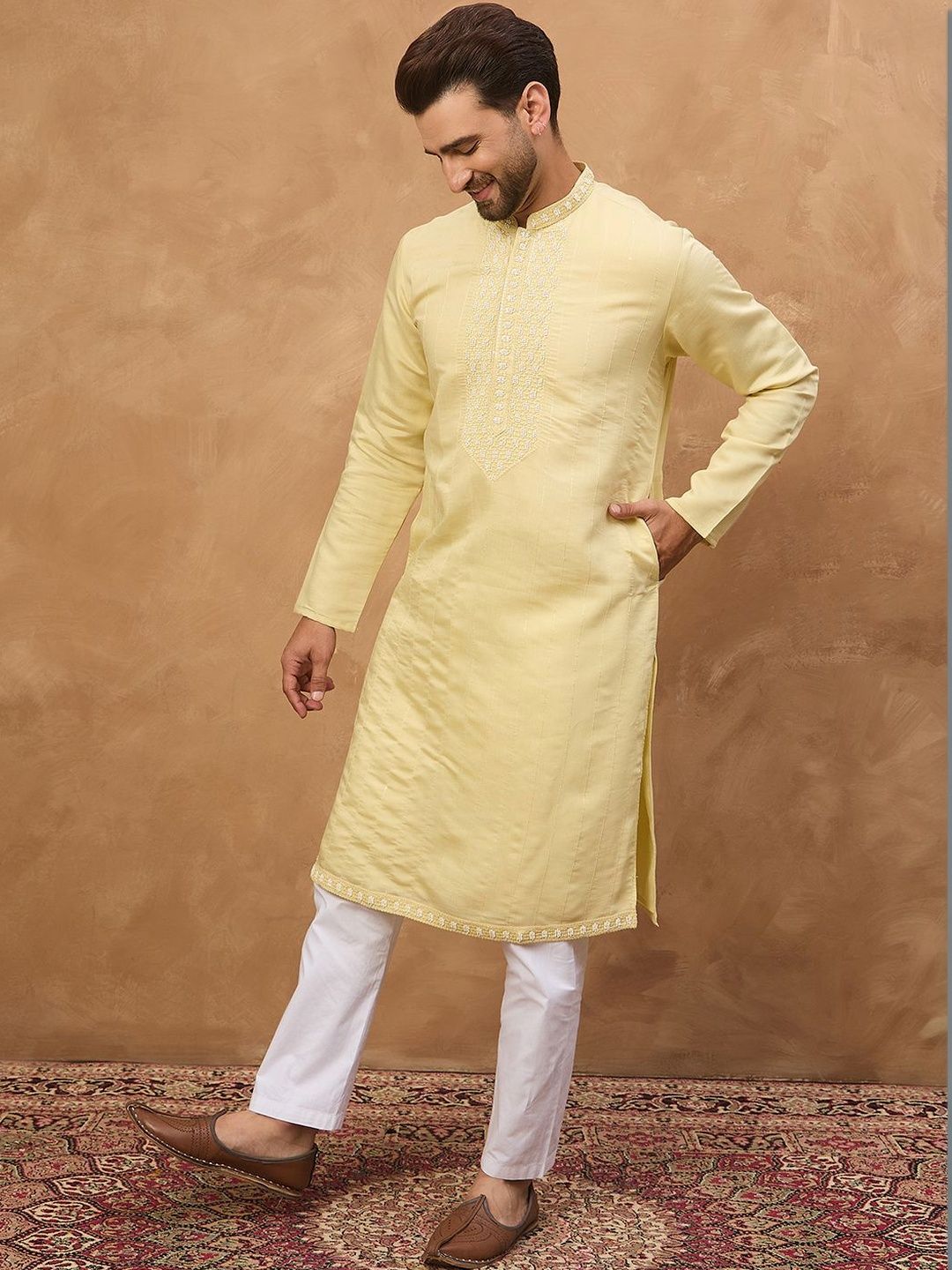 Men Yellow Silk Blend Solid Embroidered Straight Kurta With Pant Set-MKSET1507