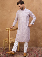 Men Lavender Silk Blend Solid Embroidered Straight Kurta With Pant Set-MKSET1443