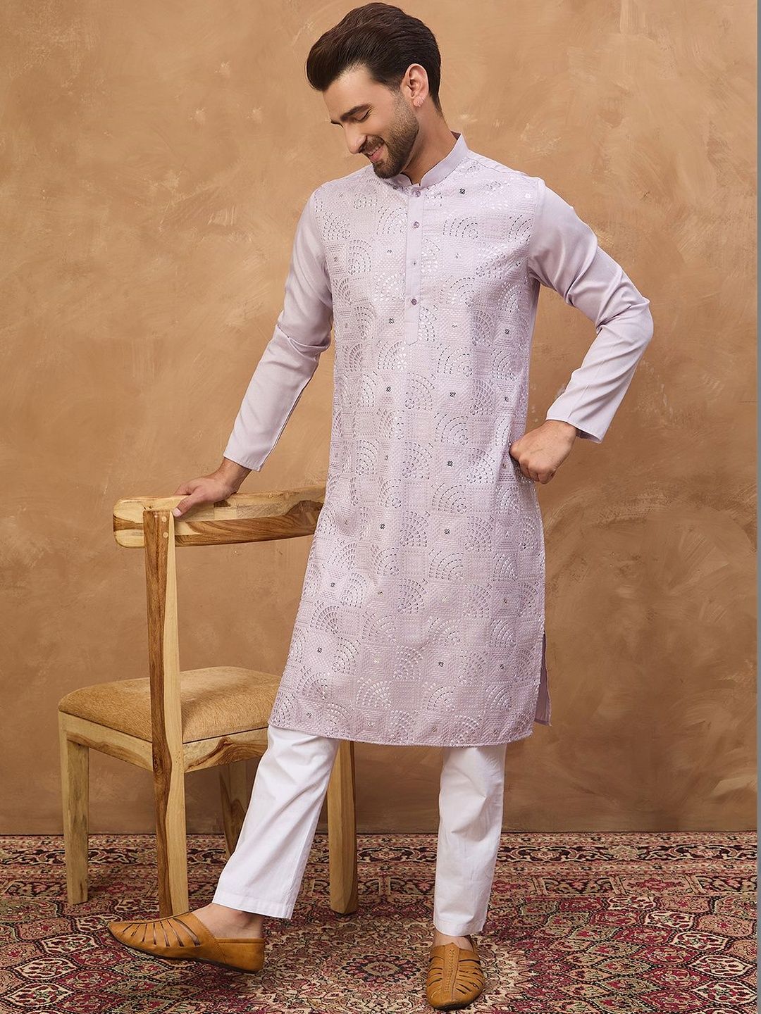 Men Lavender Silk Blend Solid Embroidered Straight Kurta With Pant Set-MKSET1443