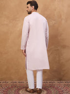 Men Lavender Silk Blend Solid Embroidered Straight Kurta With Pant Set-MKSET1448