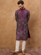 Men Purple Silk Blend Geometric Printed Straight Kurta With Pant Set-MKSET1529