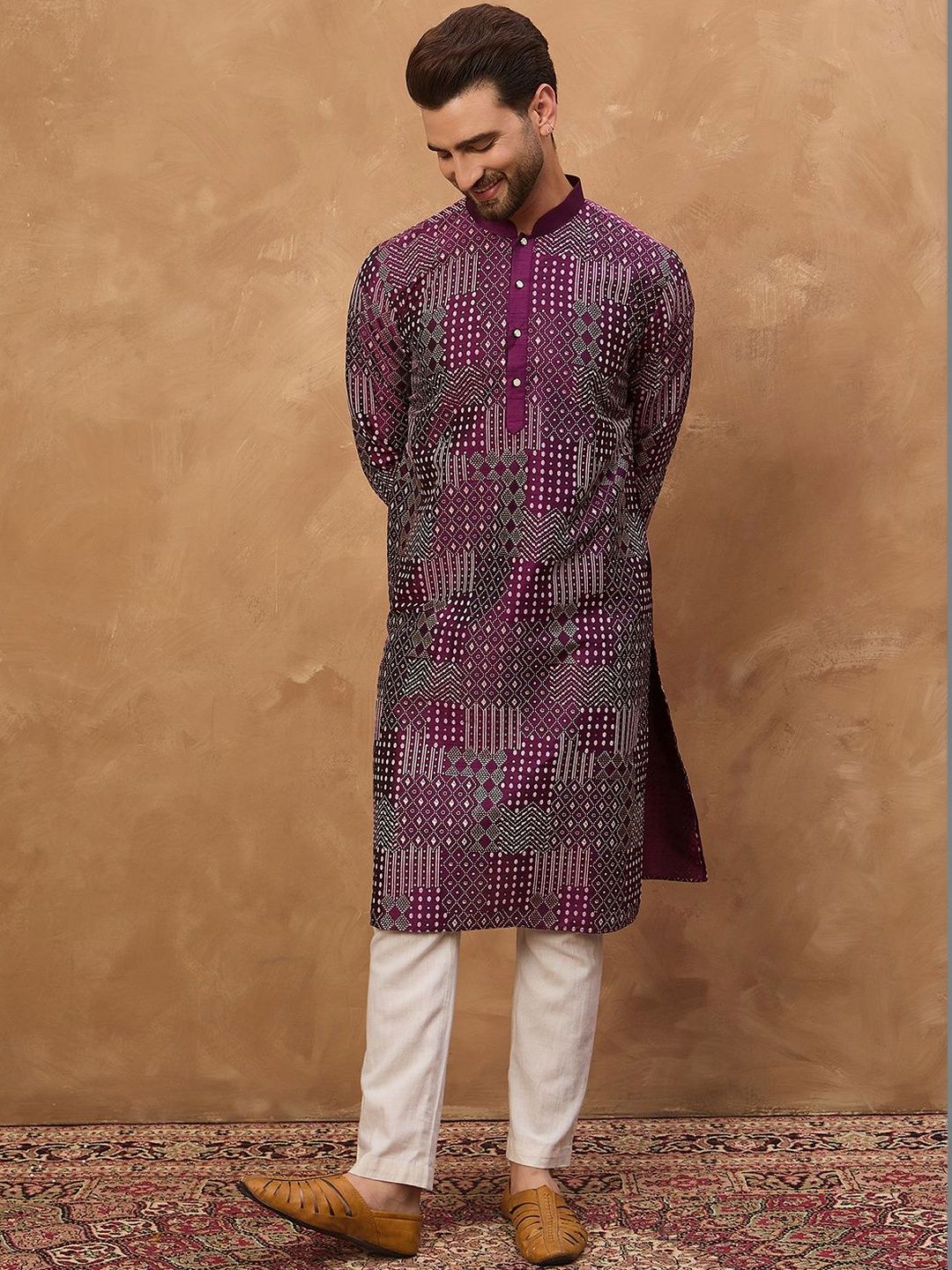 Men Purple Silk Blend Geometric Printed Straight Kurta With Pant Set-MKSET1529