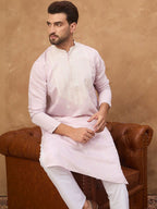Men Lavender Silk Blend Solid Embroidered Straight Kurta With Pant Set-MKSET1448