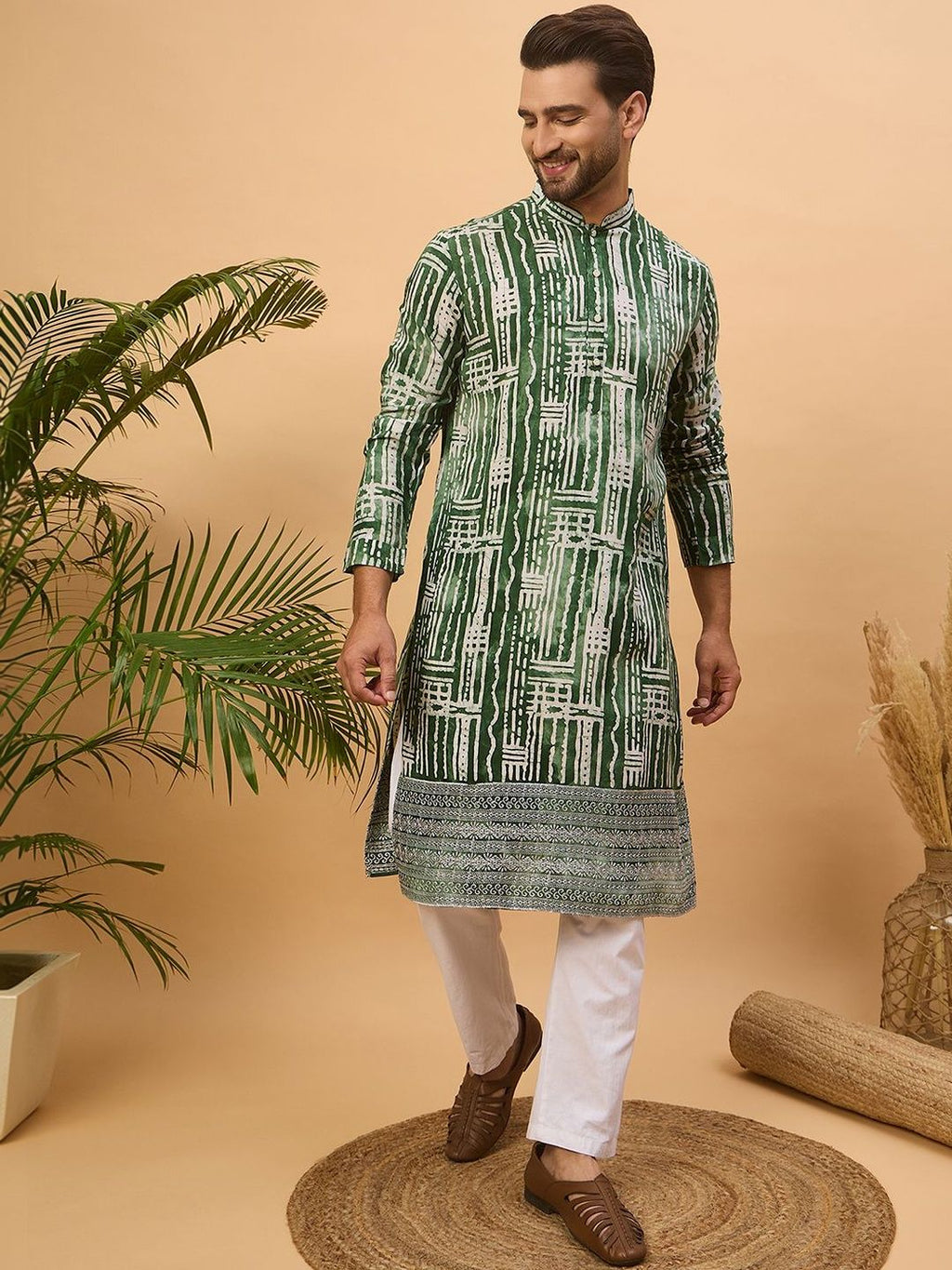 Men Green Viscose Rayon Batik Embroidered Straight Kurta With Pant Set-MKSET1500