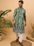 Men Green Viscose Rayon Batik Embroidered Straight Kurta With Pant Set-MKSET1500