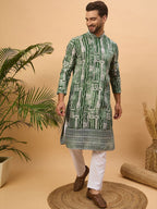 Men Green Viscose Rayon Batik Embroidered Straight Kurta With Pant Set-MKSET1500