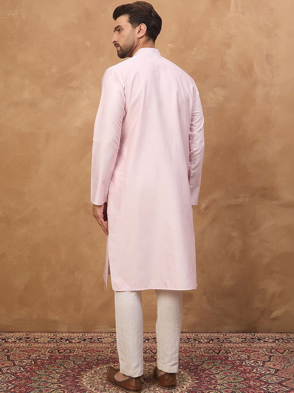 Men Pink Silk Blend Solid Embroidered Straight Kurta With Pant Set-MKSET1512