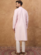 Men Pink Silk Blend Solid Embroidered Straight Kurta With Pant Set-MKSET1512