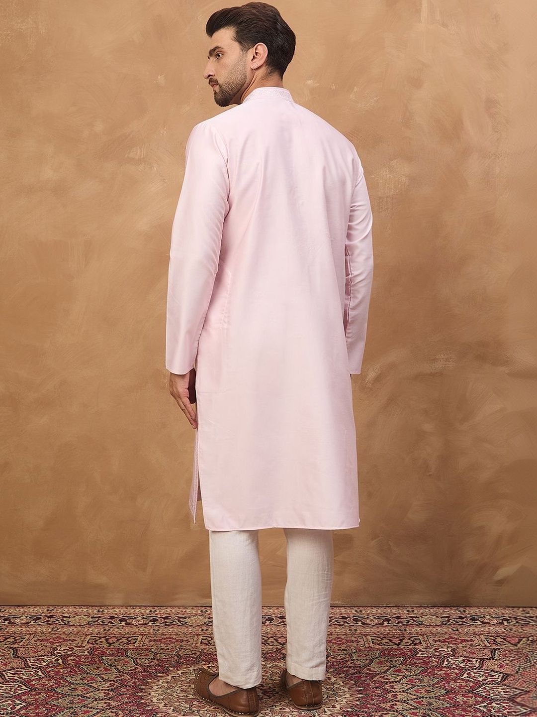 Men Pink Silk Blend Solid Embroidered Straight Kurta With Pant Set-MKSET1512