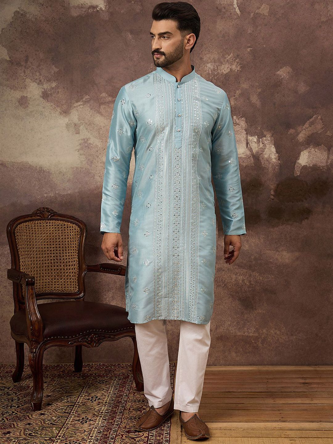 Men Blue Silk Blend Solid Embroidered Straight Kurta With Pant Set-MKSET1365
