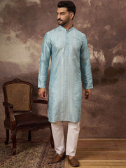 Men Blue Silk Blend Solid Embroidered Straight Kurta With Pant Set-MKSET1365