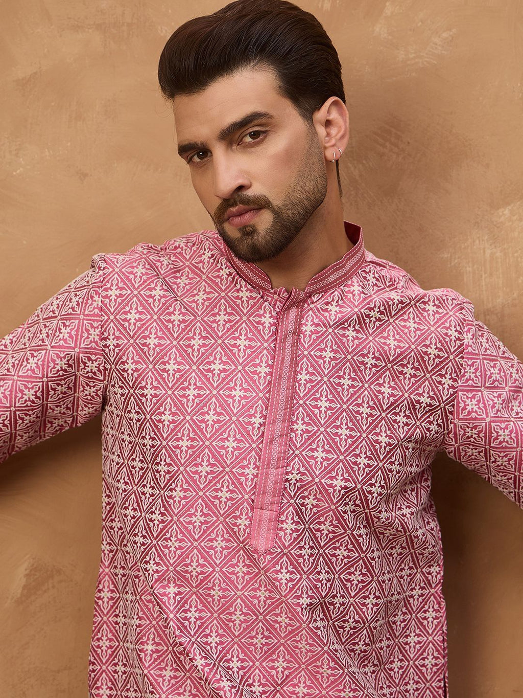 Men Pink Silk Blend Ethnic Motifs Printed Straight Kurta With Pant Set-MKSET1525