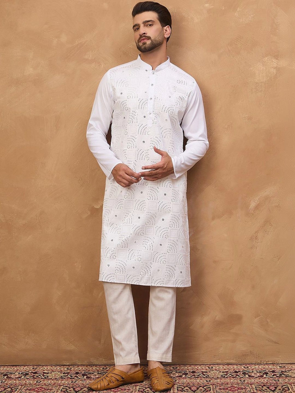 Men White Silk Blend Solid Embroidered Straight Kurta With Pant Set-MKSET1444
