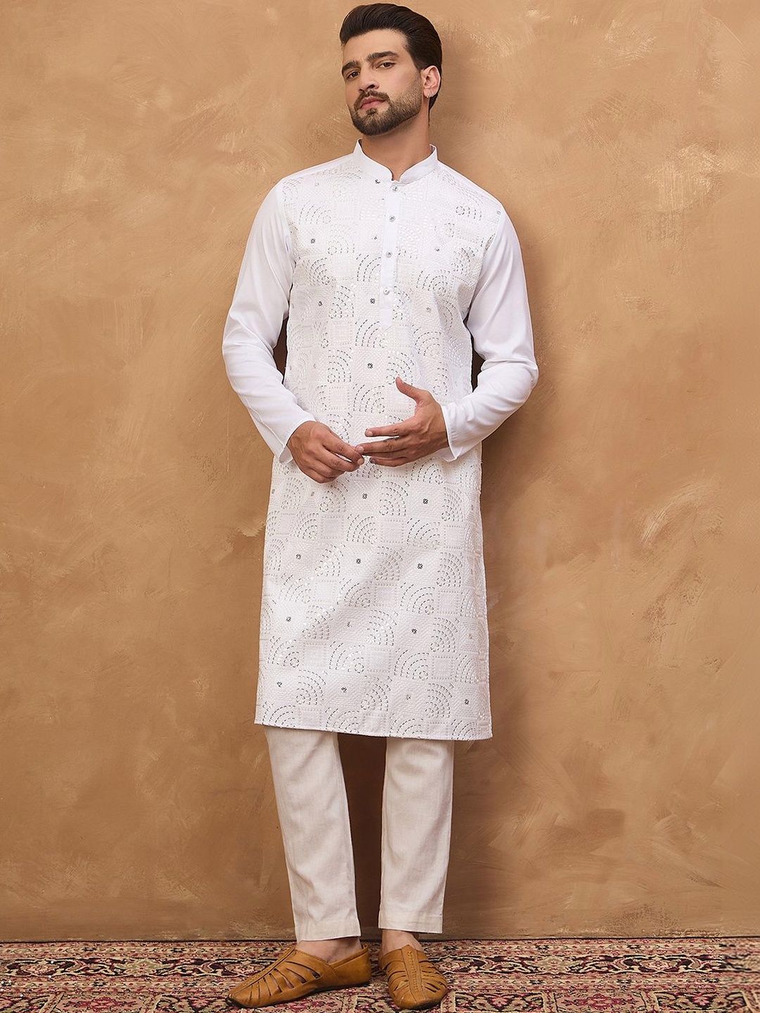 Men White Silk Blend Solid Embroidered Straight Kurta With Pant Set-MKSET1444