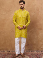 Men Yellow Viscose Rayon Ethnic Motifs Printed Straight Kurta With Pant Set-MKSET1542