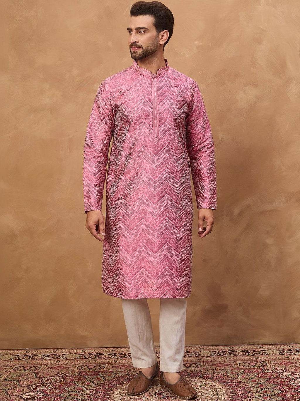 Men Pink Silk Blend Geometric Printed Straight Kurta With Pant Set-MKSET1532