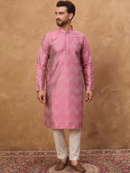 Men Pink Silk Blend Geometric Printed Straight Kurta With Pant Set-MKSET1532