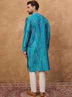 Men Blue Silk Blend Geometric Printed Straight Kurta With Pant Set-MKSET1519