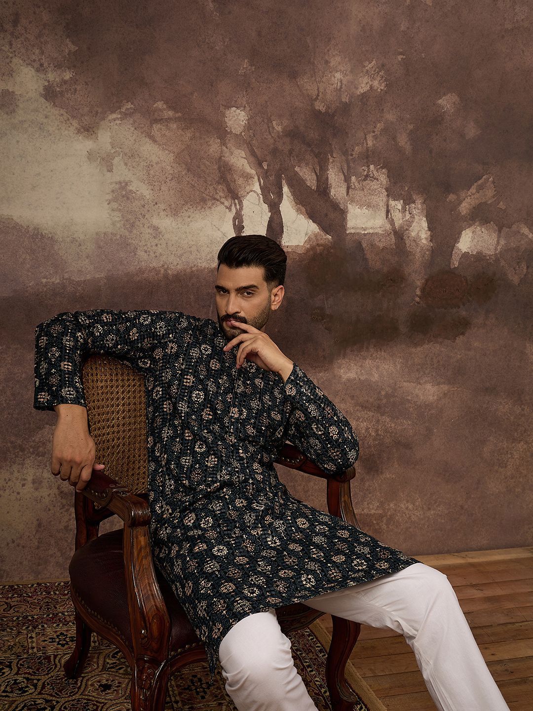 Men Black Viscose Rayon Geometric Embroidered Straight Kurta With Pant Set-MKSET1403