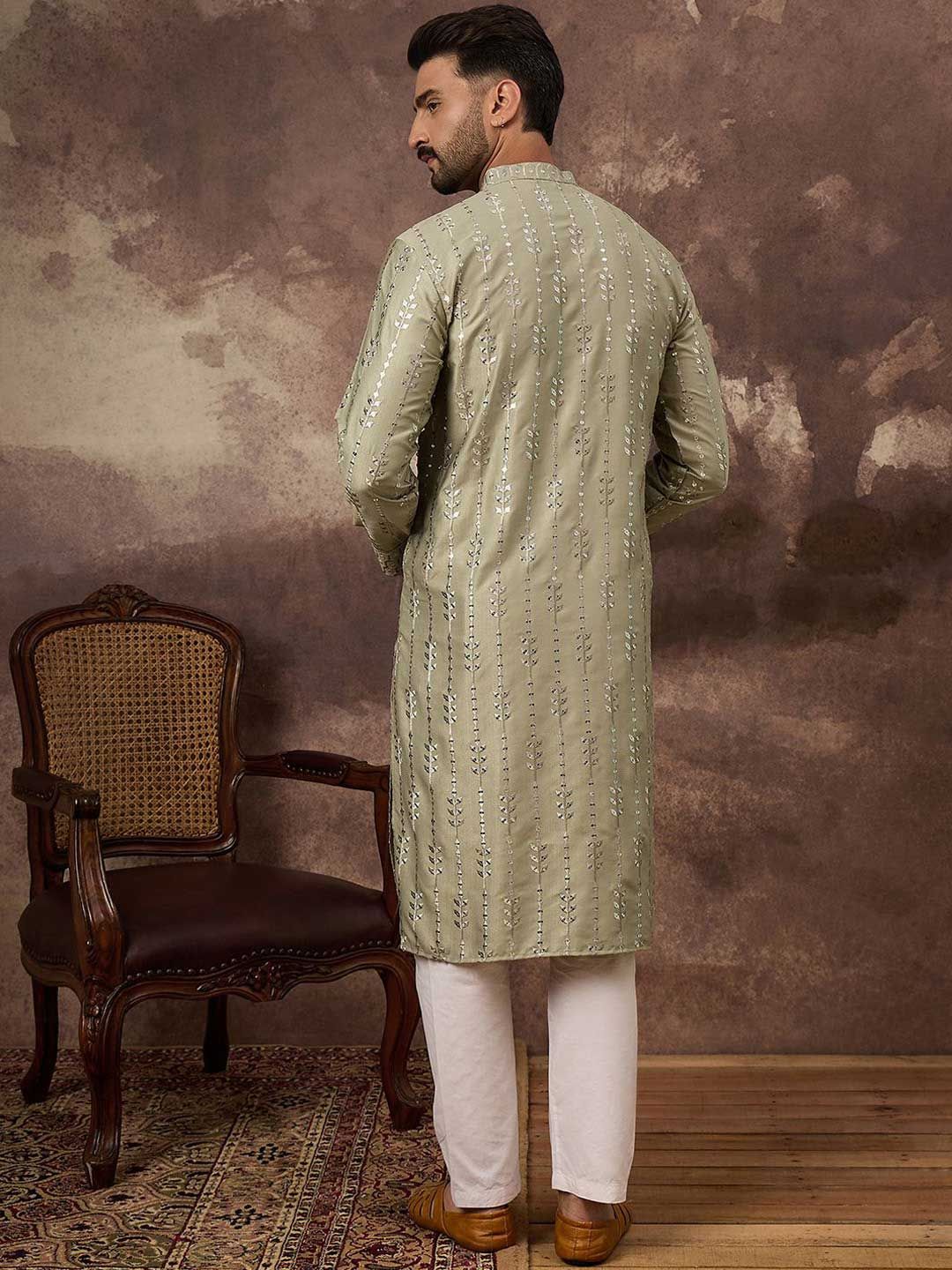 Men Green Silk Blend Solid Embroidered Straight Kurta With Pant Set-MKSET1356