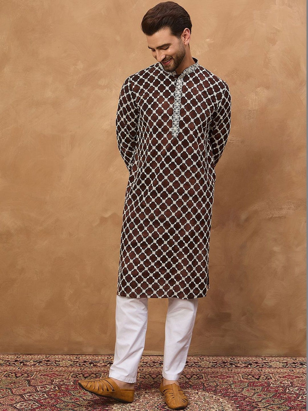 Men Brown Viscose Rayon Solid Embroidered Straight Kurta With Pant Set-MKSET1536