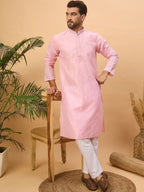 Men Pink Silk Blend Solid Embroidered Straight Kurta With Pant Set-MKSET1454