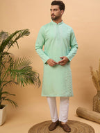 Men Blue Silk Blend Solid Embroidered Straight Kurta With Pant Set-MKSET1508