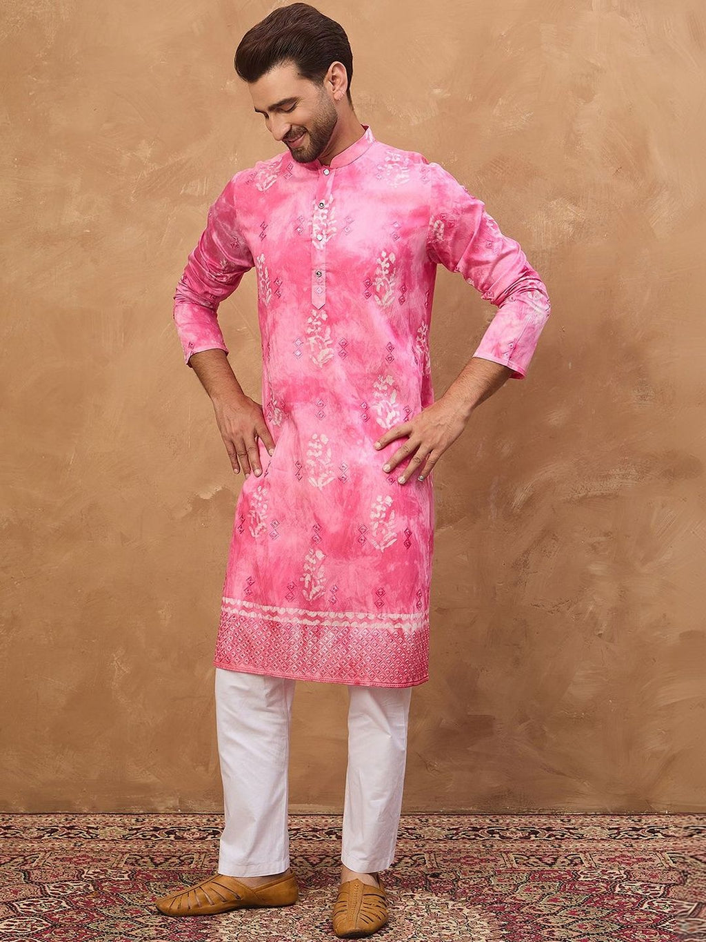 Men Pink Silk Blend Batik Embroidered Straight Kurta With Pant Set-MKSET1515