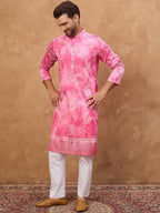 Men Pink Silk Blend Batik Embroidered Straight Kurta With Pant Set-MKSET1515